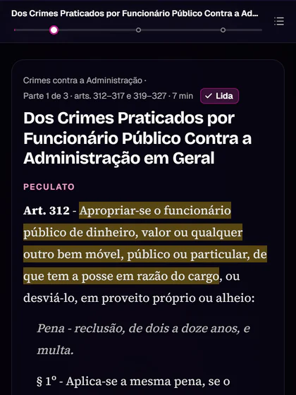 O leitor da lei seca no Aprovaê: o art. 312 do Código Penal, o peculato, com o trecho principal grifado em amarelo, numa parte já marcada como lida.
